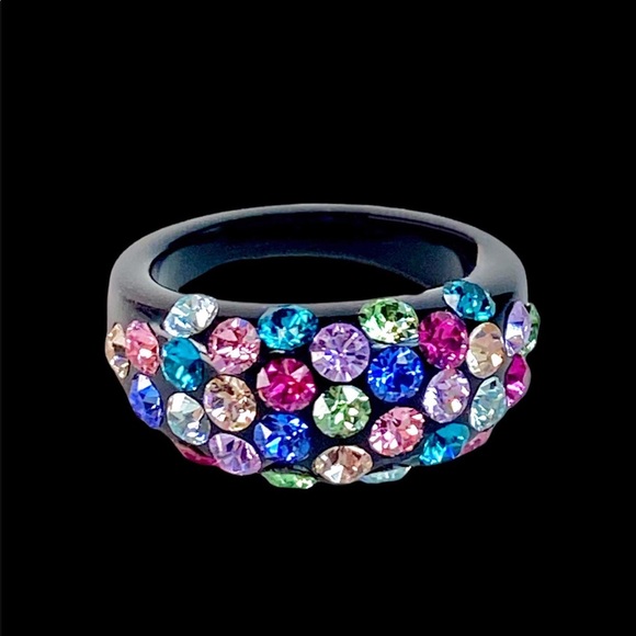Black Acrylic Ring With Multicoloured Swarovski Crystal Stones • Handmade Ring - Picture 11 of 12
